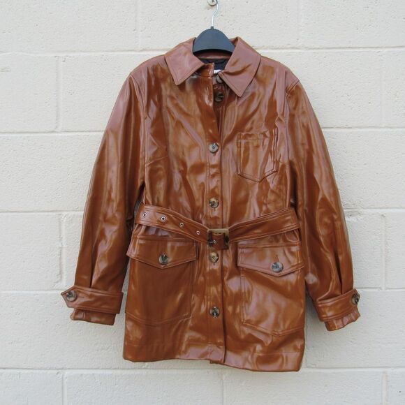 TOPSHOP Casey Belted Brown Glossy Jacket - Picture 2 of 7